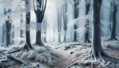 Frost kissed trees in a serene foggy forest. Winter beauty background. Generative AI