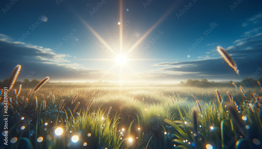 Poster sunrise over a dewy field with dramatic lighting. nature and serenity concept. generative ai