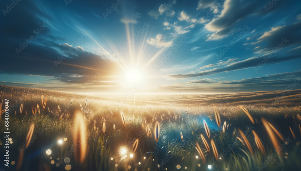 Poster Sunset casting brilliant light across a golden wheat field. End of day serenity concept. Generative AI