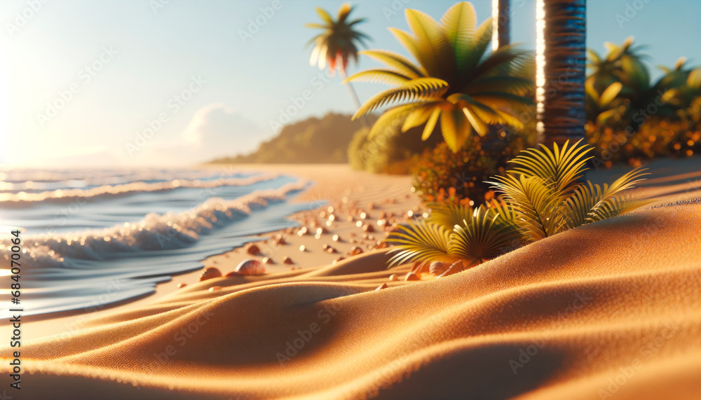Poster Golden hour at the beach with palm shadows and serene waves. Escape concept. Generative AI
