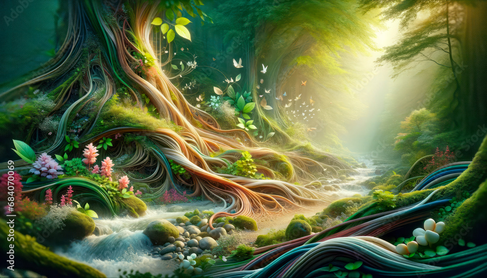 Poster Enchanted forest pathway with whimsical flora and a mystical stream. Fantasy adventure concept. Generative AI