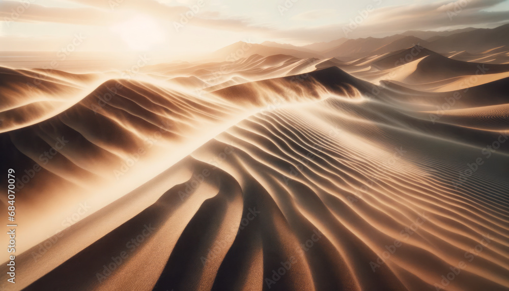 Poster majestic desert dunes with wind patterns, cast in the golden glow of sunrise. solitude concept. gene