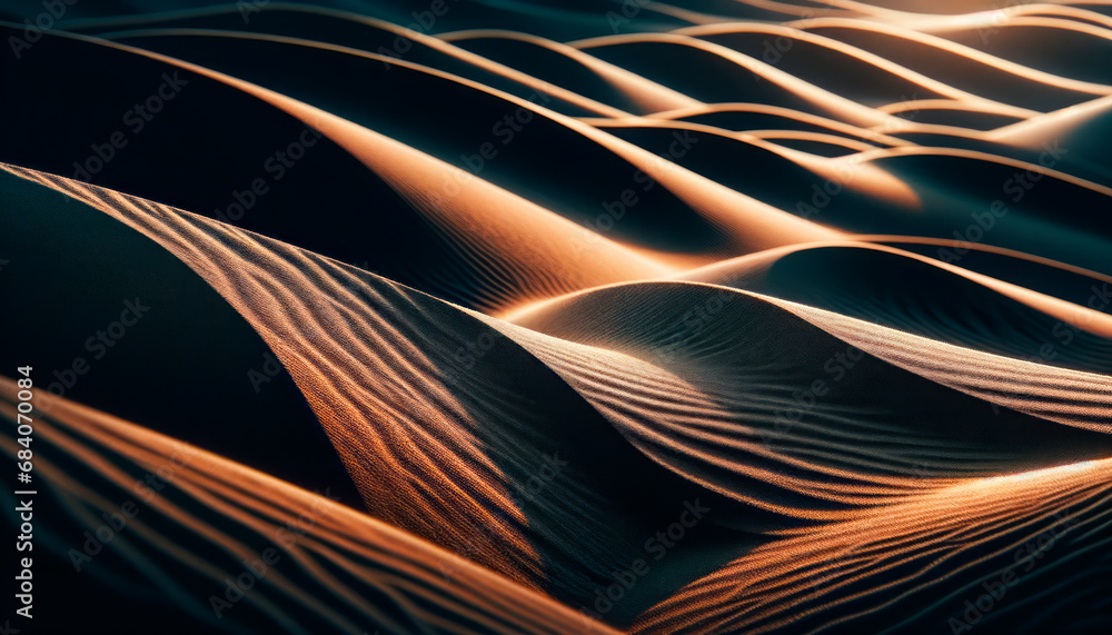 Poster Rippling sand dunes with contrasting shadows, creating a mesmerizing abstract pattern. Mystique concept. Generative AI