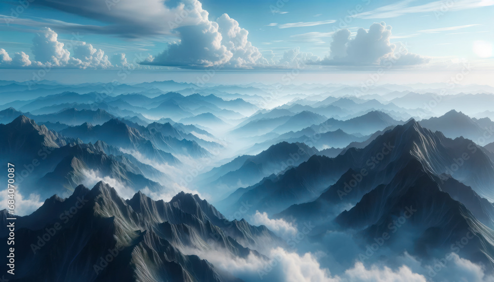 Poster layers of mountain ridges under a sky with billowing clouds. a breathtaking aerial perspective. gene