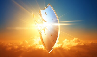 Protected shield from the sun's rays - background for product. Force field prevents the penetration of sunlight. Degrees of protection against UV rays, Generative AI  - obrazy, fototapety, plakaty