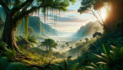 Mystical jungle panorama with lush foliage and radiant sunlight. Generative AI