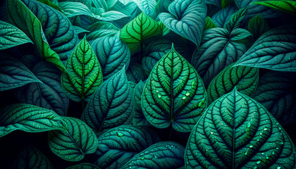 Fototapeta na wymiar Lush green foliage with water droplets, abstract nature detail. Generative AI