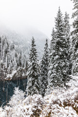 mountain landscape of Lake Kaindy in the Kungei Alatau gorge, it is called the “sunken forest”, Kazakhstan