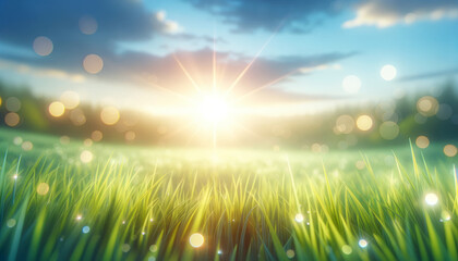 Radiant sun flare over a dewy meadow, a symphony of light and life. Uplifting and vibrant concept. Generative AI