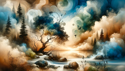 Surreal landscape blending trees and clouds into a fluid dreamscape. Mysterious and serene concept. Generative AI