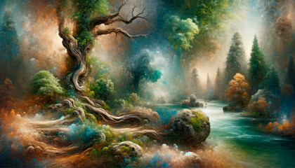 Obraz na płótnie Canvas Mystical tree against a painterly forest background, surreal and dreamlike vista. Artistic and captivating concept. Generative AI