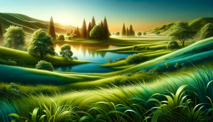 Fantasy landscape with verdant hills and a serene lake at sunrise. Peaceful nature concept. Generative AI