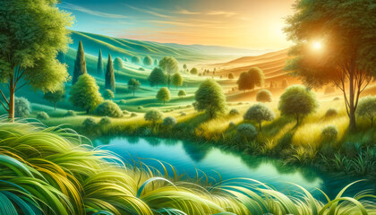 Idyllic landscape of rolling hills and trees with a radiant sunrise. Peaceful morning concept. Generative AI