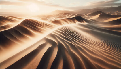 Fototapeta na wymiar Majestic desert dunes with wind patterns, cast in the golden glow of sunrise. Solitude concept. Generative AI