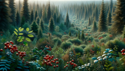 Sunlit forest with vibrant berries and lush foliage, a serene natural background. Generative AI