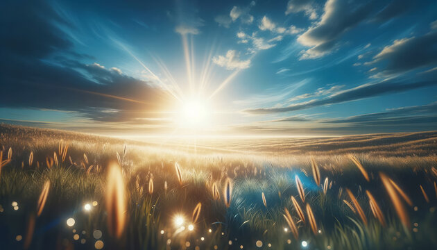 Sunset casting brilliant light across a golden wheat field. End of day serenity concept. Generative AI