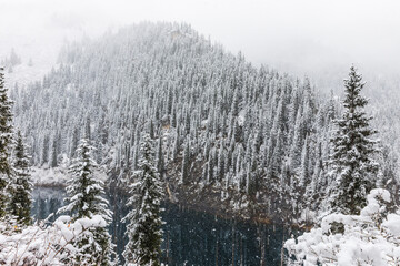 mountain landscape of Lake Kaindy in the Kungei Alatau gorge, it is called the “sunken forest”, Kazakhstan