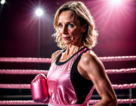 photo of beautiful middle aged woman in pink boxing outfit at boxing ring, generative AI