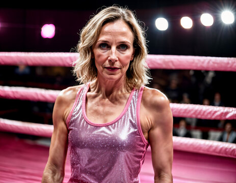 photo of beautiful middle aged woman in pink boxing outfit at boxing ring, generative AI