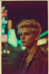 Vintage fashion portrait of a young boy on city street at night, 50s and 60s, Polaroid-style photograph.