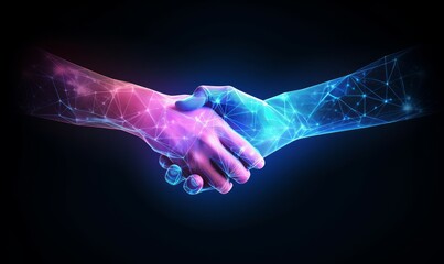 Handshake in digital futuristic style. The concept of partnership, collaboration or teamwork.  illustration with light effect and neon, Generative AI  - obrazy, fototapety, plakaty