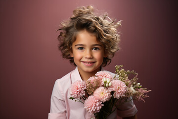  Portrait of little young gentleman kid on purple background. Little toddler boy with large bouquet of flowers look into camera smiling. Congratulation gift on Mothers or International Women's Day