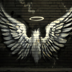 wings and halo on a brick wall downtown - obrazy, fototapety, plakaty