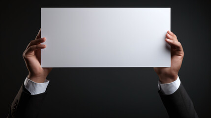 hands holding a blank sign up in the air upon dark background