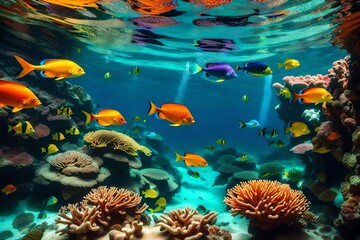 Fototapeta na wymiar Tropical sea underwater fishes on coral reef. Aquarium oceanarium wildlife colorful marine panorama landscape nature snorkeling diving 