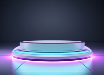 The podium is a light wall of a round shape with beautiful backlighting. modern futuristic podium with integrated lighting in light blue and purple colors for product high resolution