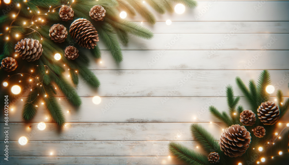 Poster Christmas pine branches adorned with lights and cones on a rustic white board. Yuletide glow. Generative AI