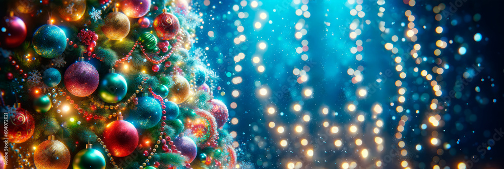 Poster christmas tree close up with colorful ornaments and festive lights on a bokeh blue background. gener