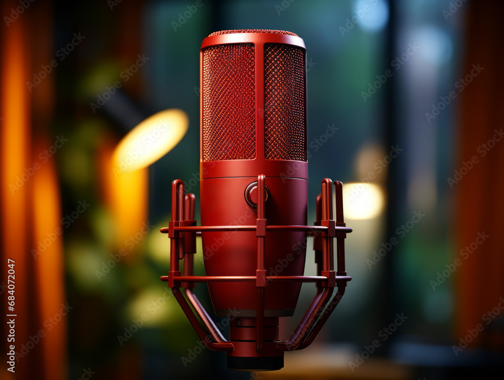 Aufkleber Modern red microphone with a dark background in a studio setting. Generative AI