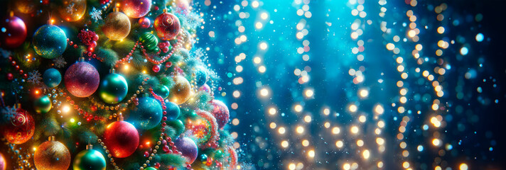 Obraz na płótnie Canvas Christmas tree close up with colorful ornaments and festive lights on a bokeh blue background. Generative AI