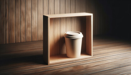 Fototapeta na wymiar Paper cup in spotlight within a wooden box, dramatic contrast. Display concept. Generative AI