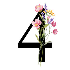 Number 4, four with watercolor flowers hand painting. Perfectly for anniversary, wedding invitation, greeting card, logo, poster and other floral design. Isolated on white background.