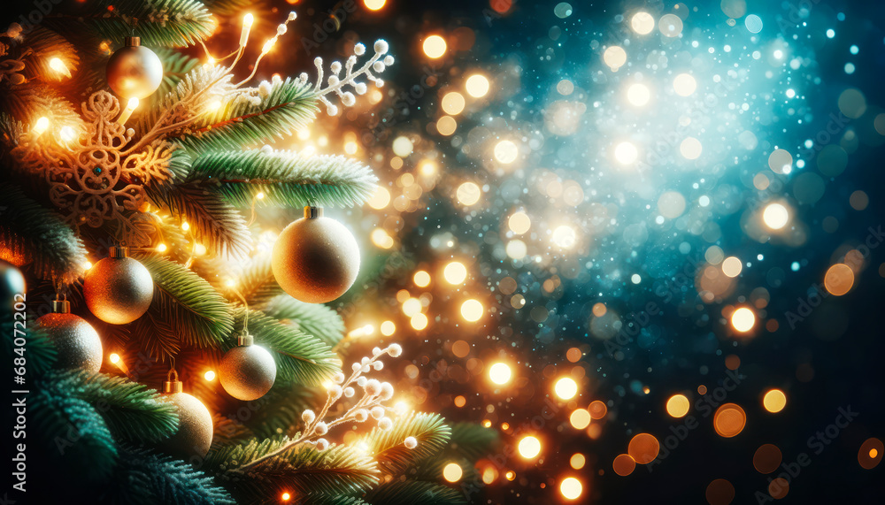 Poster Festive Christmas scene with sparkling tree decorations and a magical bokeh effect. Generative AI