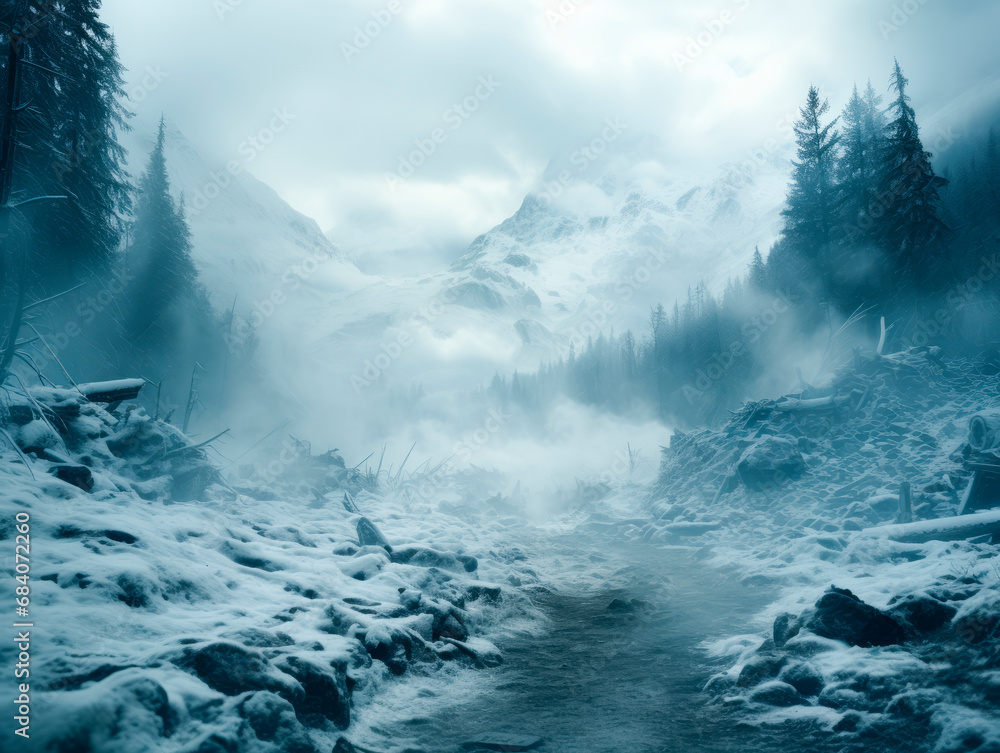 Poster snow covered path leading through a dense foggy forest with towering mountains. winter landscape bac