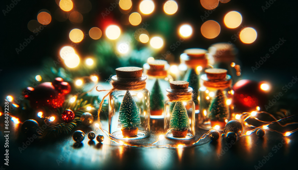 Poster garland of small glass jars with christmas trees surrounded by warm lights. festive atmosphere conce