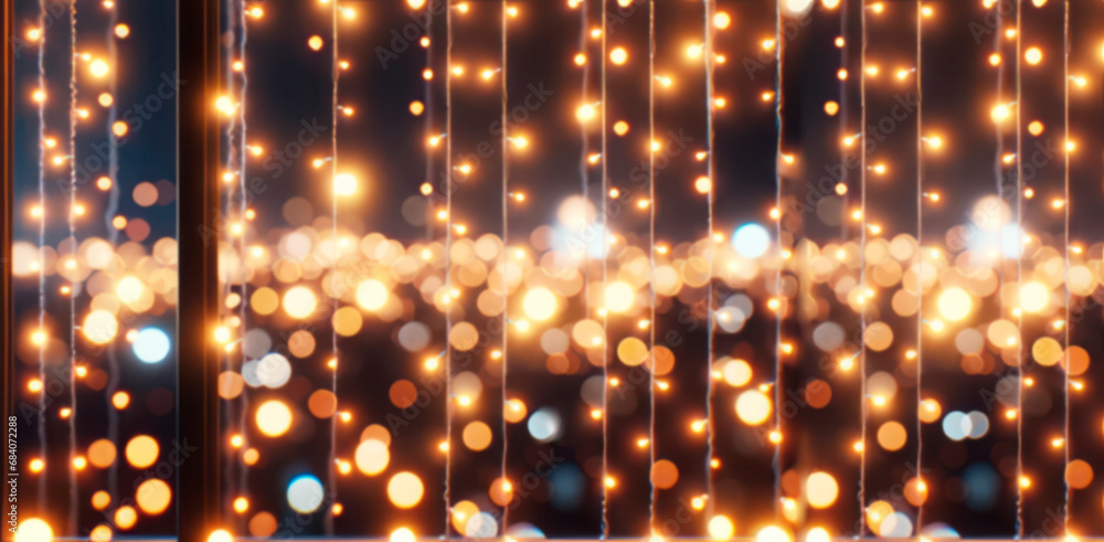 Poster golden garland lights casting a warm glow on a bokeh background. holiday warmth concept. generative 
