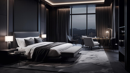 Modern hotel bedroom design in white and gray tones