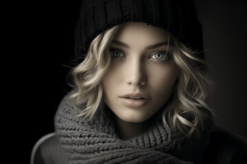 Winter Chic: Woman in Knitwear.
Stylish woman in winter knitwear, with an air of casual elegance.