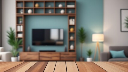 Empty Wooden Surface With Blurred Living Room