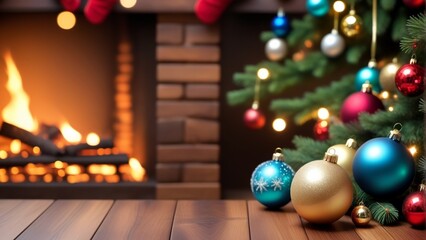 Fototapeta na wymiar Empty wooden table on Christmas ornaments background with fireplace
