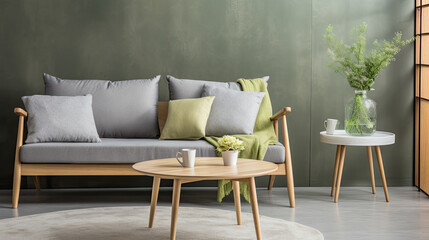 Minimalist interior design in retro style. Scandinavian living room design composition. Sofa, coffee table, indoor plants and personal accessories.