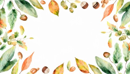 Autumn fallen leaves and nuts watercolor illustration design frame