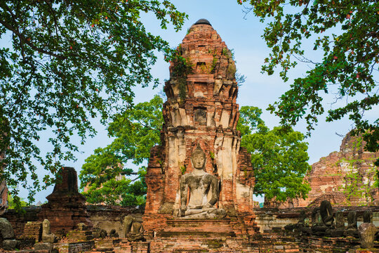Ayutthaya, Thailand at Wat Mahathat, Temple Stupa Pagoda in the morning, Ayutthaya Historical Park covers the ruins of the old city of Ayutthaya, Phra Nakhon Si Ayutthaya Province, Thailand