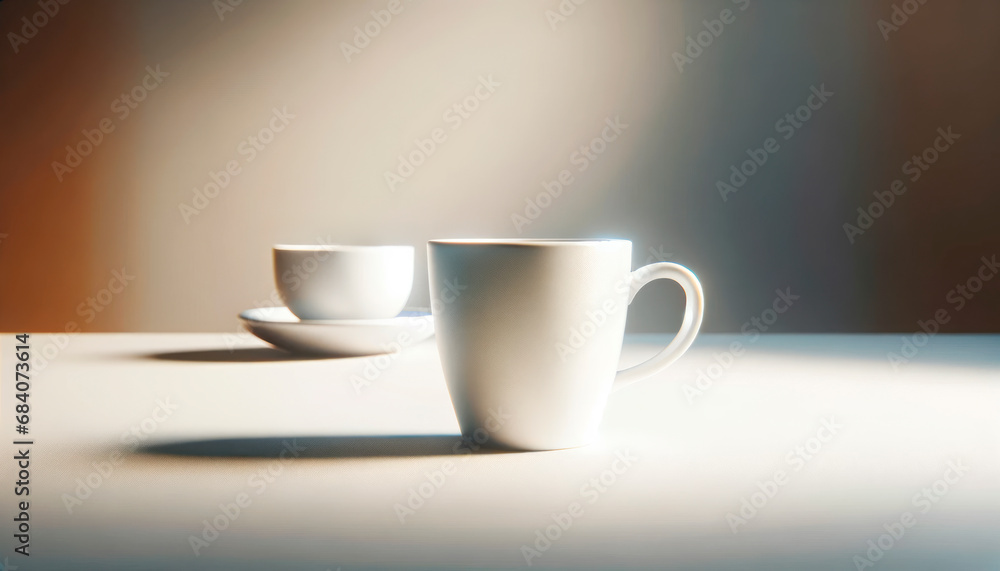 Aufkleber two white coffee cups on a table with soft lighting. generative ai