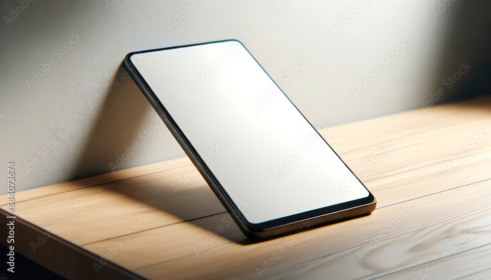 Poster mockup smartphone with blank screen on wooden table. generative ai