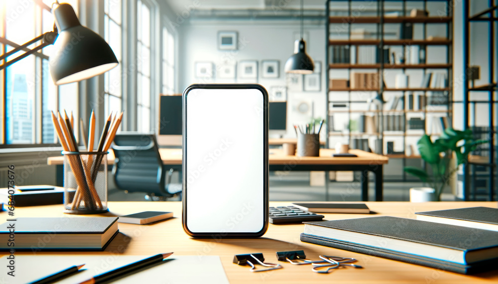 Poster mockup image of a smartphone with a blank white screen on a wooden desktop with office supplies. gen